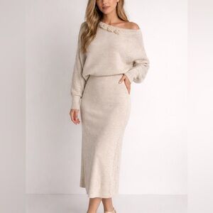 Cream Cashmere Knit sweater skirt set
